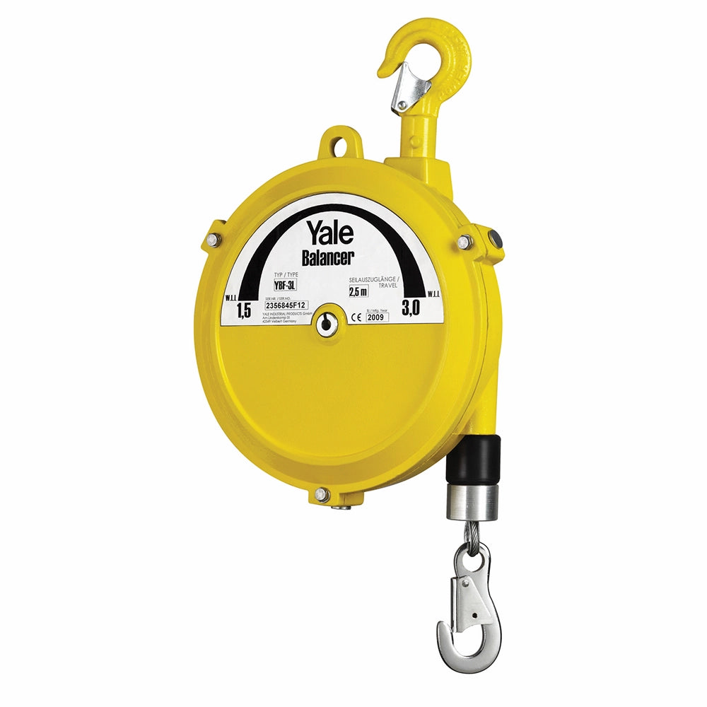 Gul Yale Balanceophæng YBF-05, 1,5-3,0 kg kapacitet, 2,5 m rejseafstand, kroge foroven og forneden.