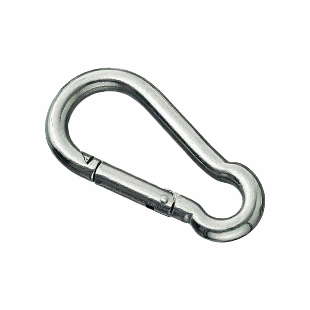 Enkel, glat metal karabinhage med fjederbelastet lås og skinnende overflade.