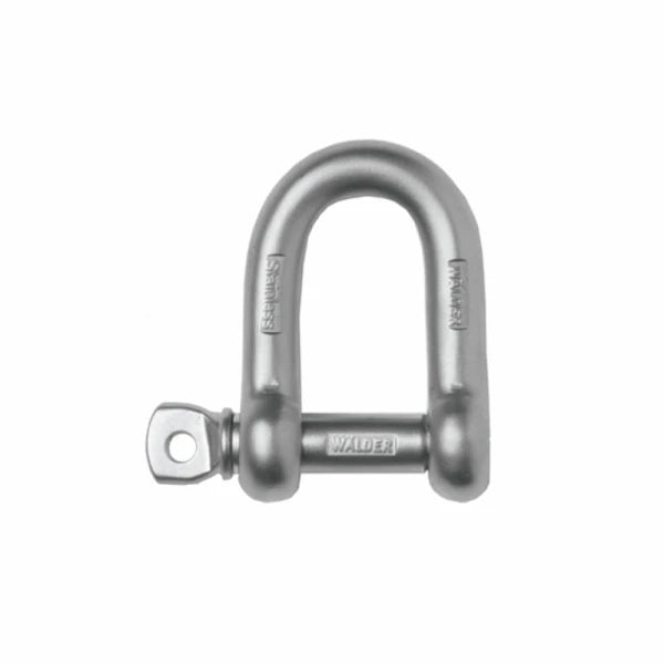 U-formet rustfri D-sjækel med aftagelig pin. Mærket "WALDER" og "5.0T" for 5,0 tons belastning.