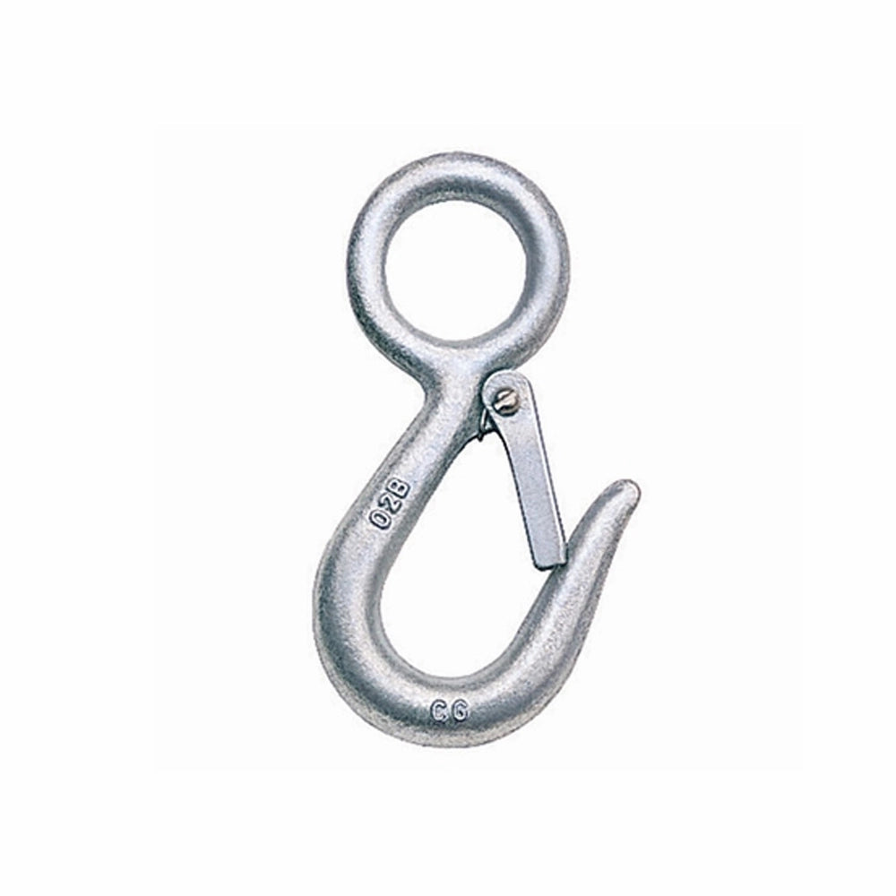 Metal snap hook med rundt øje, krog og lås. Tekst: "G2B", "G6".