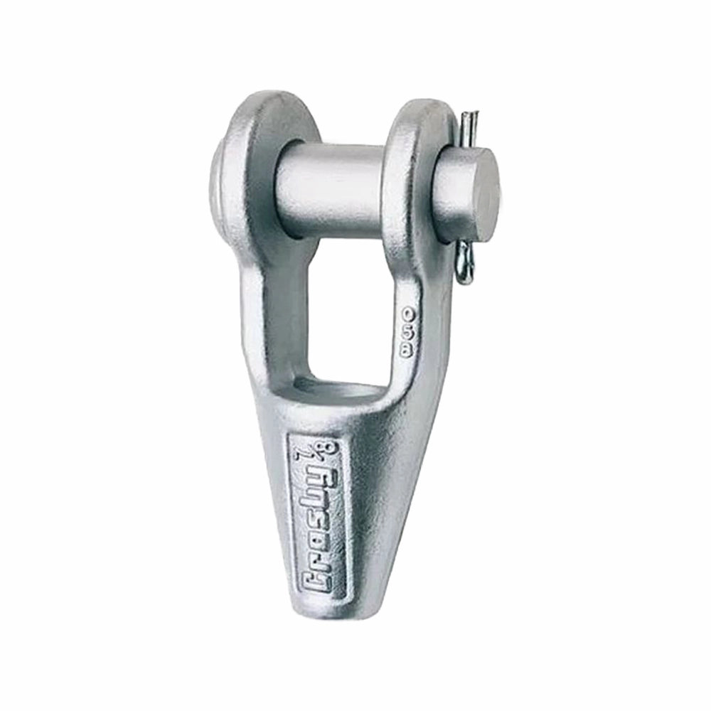 Metalbeslag med U-form, cirkulær topstift sikret med sidepin. Glat, metallisk overflade.