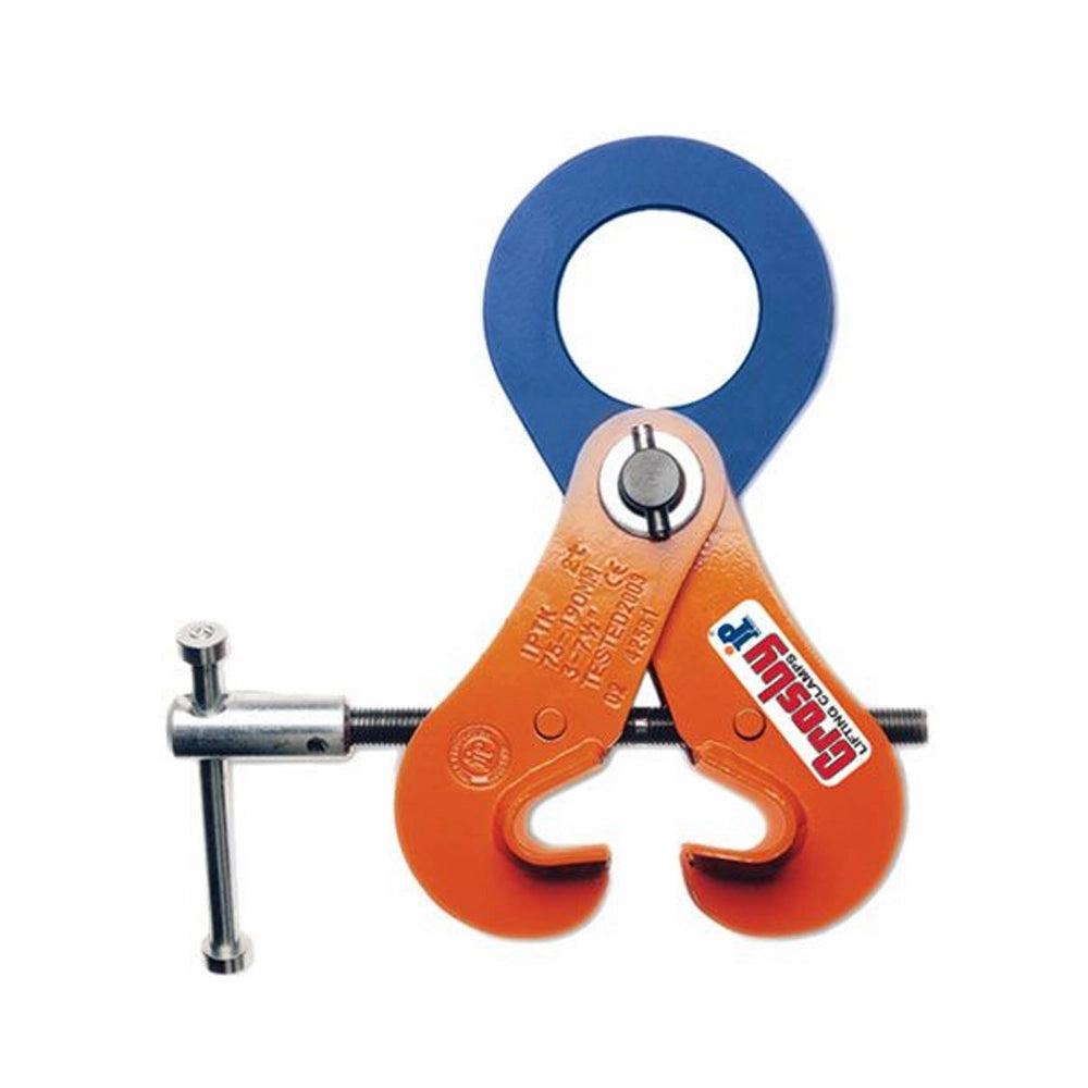 Løfteklo med blå løfteøje og justerbar skrue, mærket IPTK - 3.00T/75-190mm, orange farve.