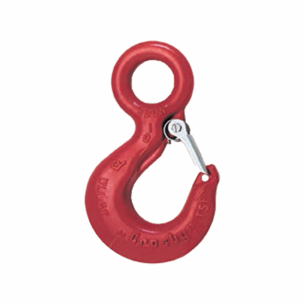 Rød krog med rundt øje og sikkerhedslås. Tekst støbt på krogen, robust design.