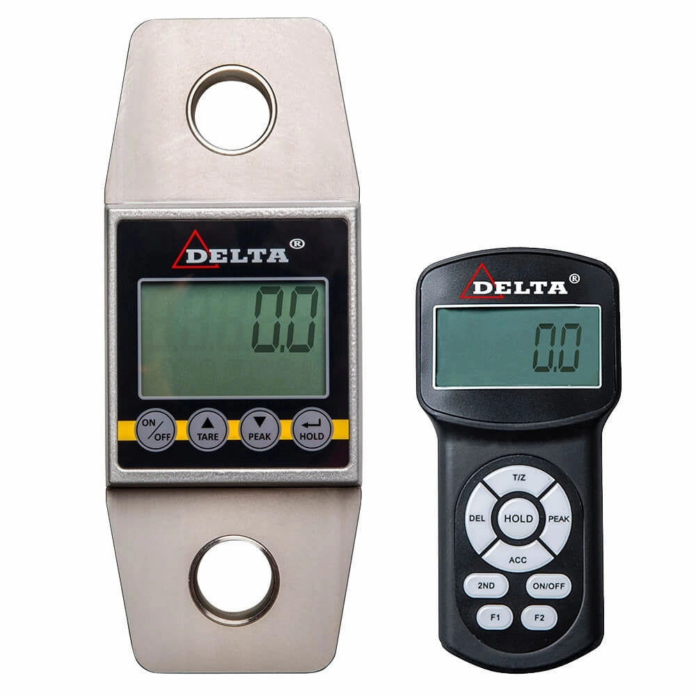 DELTA Dynamometer og fjernbetjening med digitale skærme og funktionsknapper som TARE og PEAK.