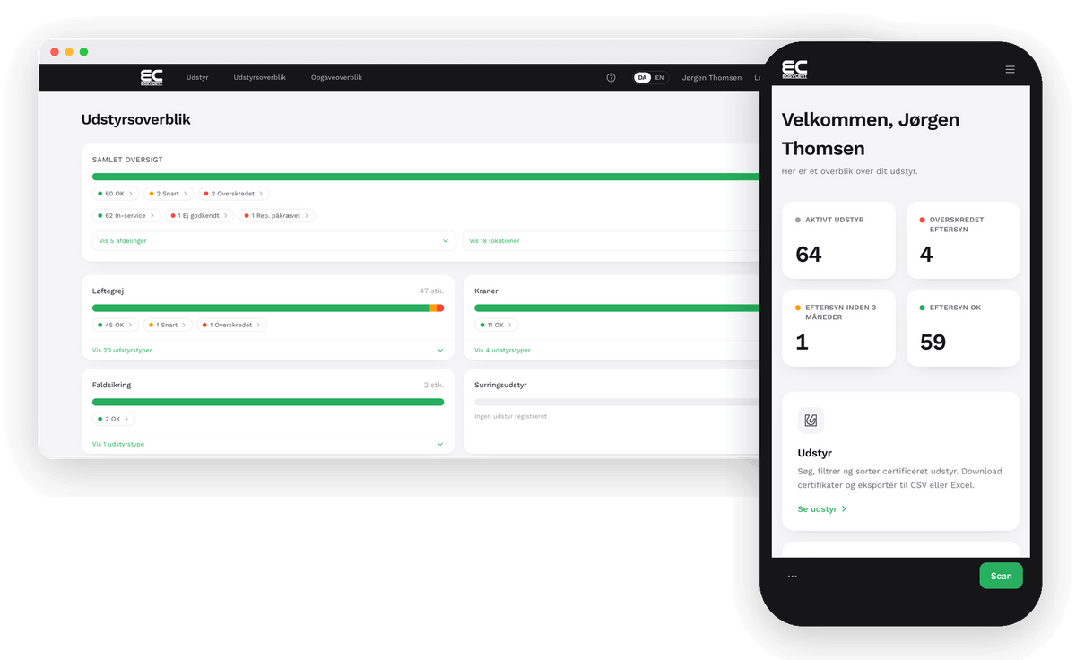 EasyCert på computer og telefon med overblik over udstyr og status