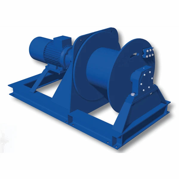 Mekanisk enhed med motor til venstre og tromle centralt på en base, begge i blå farve.