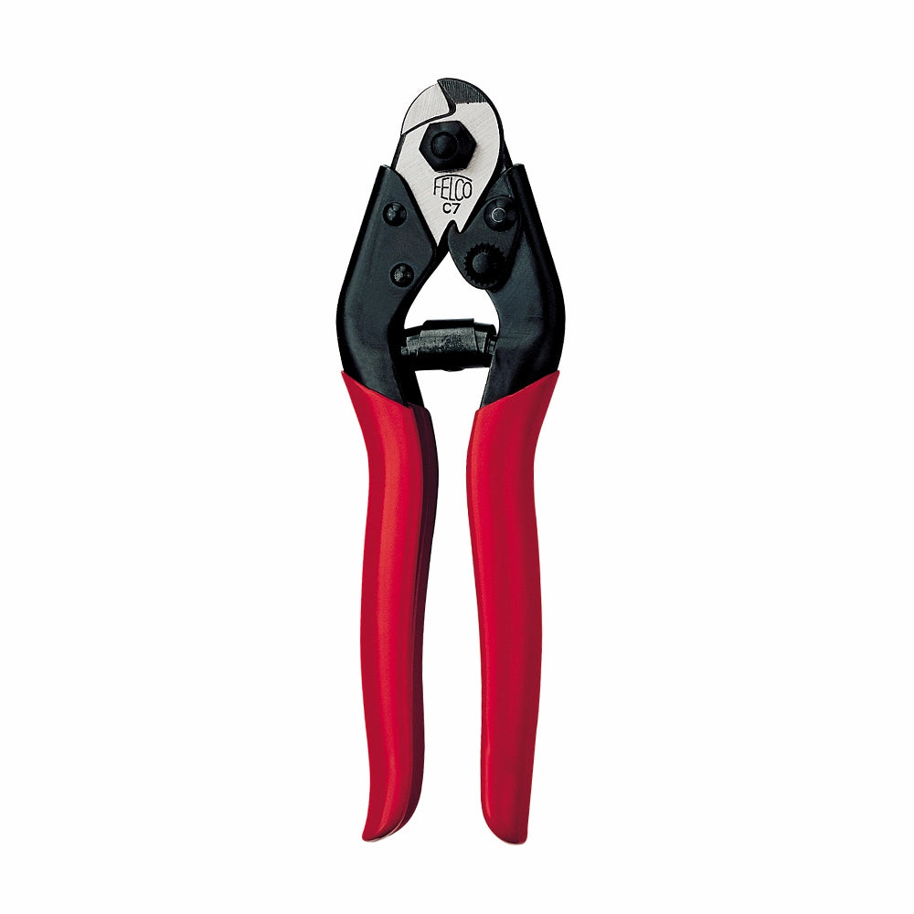 Felco C7 wiresaks med røde håndtag og skarpe, sorte skær til præcis klipning af wire.