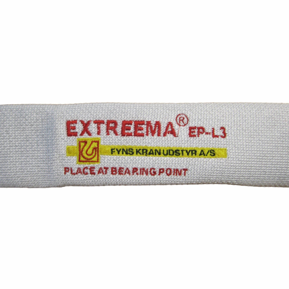 Hvid slingbeskyttelse med rød tekst "EXTREEMA," logo og "Fyns Kran Udstyr A/S."