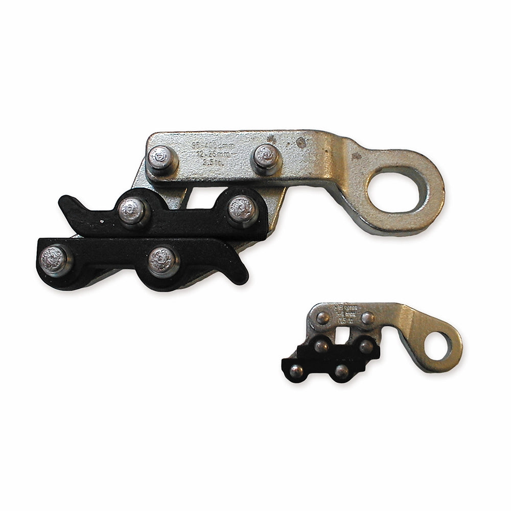 To klemmeanordninger i forskellige størrelser med sorte og metalfarvede dele.