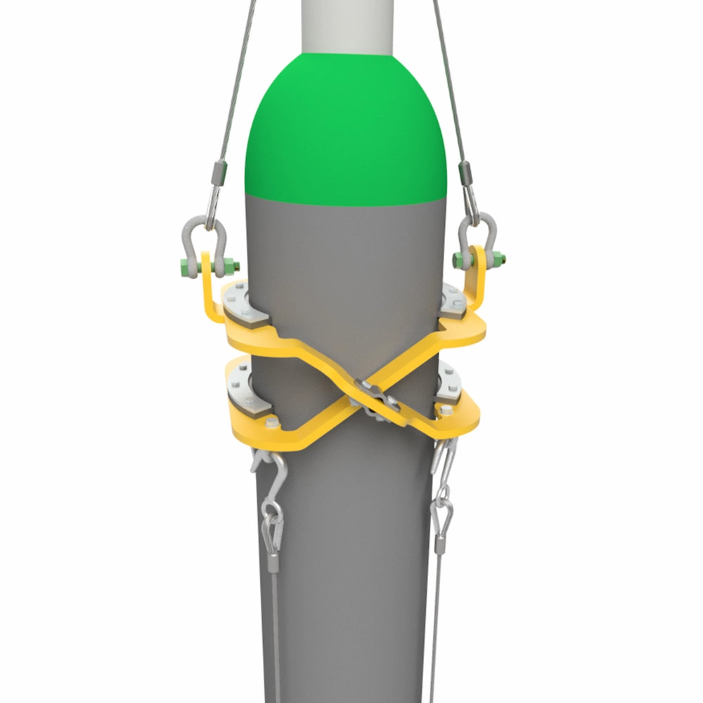 Guldfarvet gasflaskeåg med kabler og kroge, fastgjort til en gasflaske for sikker løft.