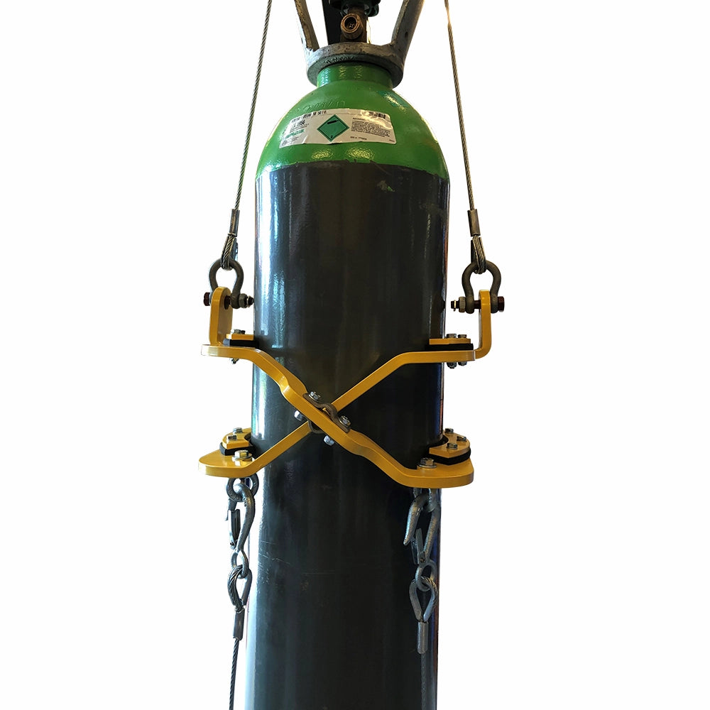 Guldfarvet gasflaskeåg løfter gasflaske med kabler og kroge for sikker ophængning.