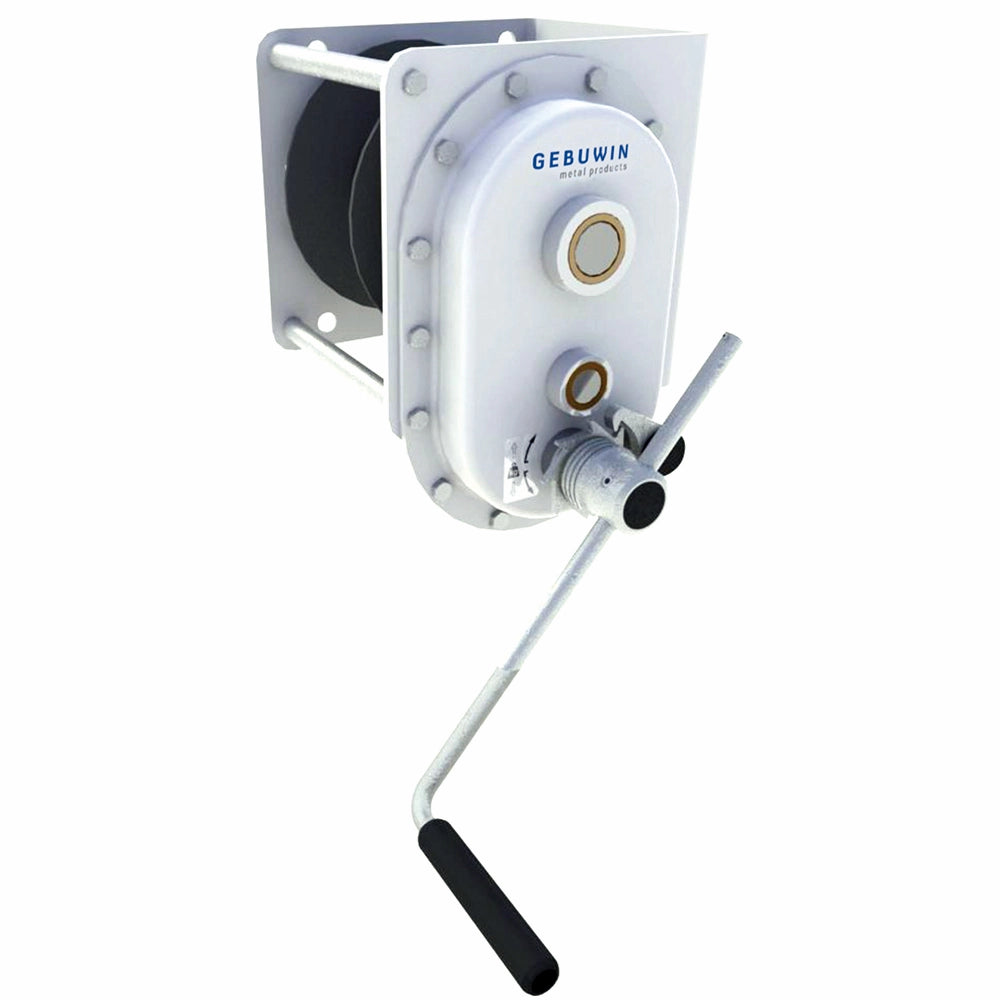 Gebuwin vægspil med håndtag, synlig boltet kabinet og tromle til kabel. "GEBUWIN" på fronten.
