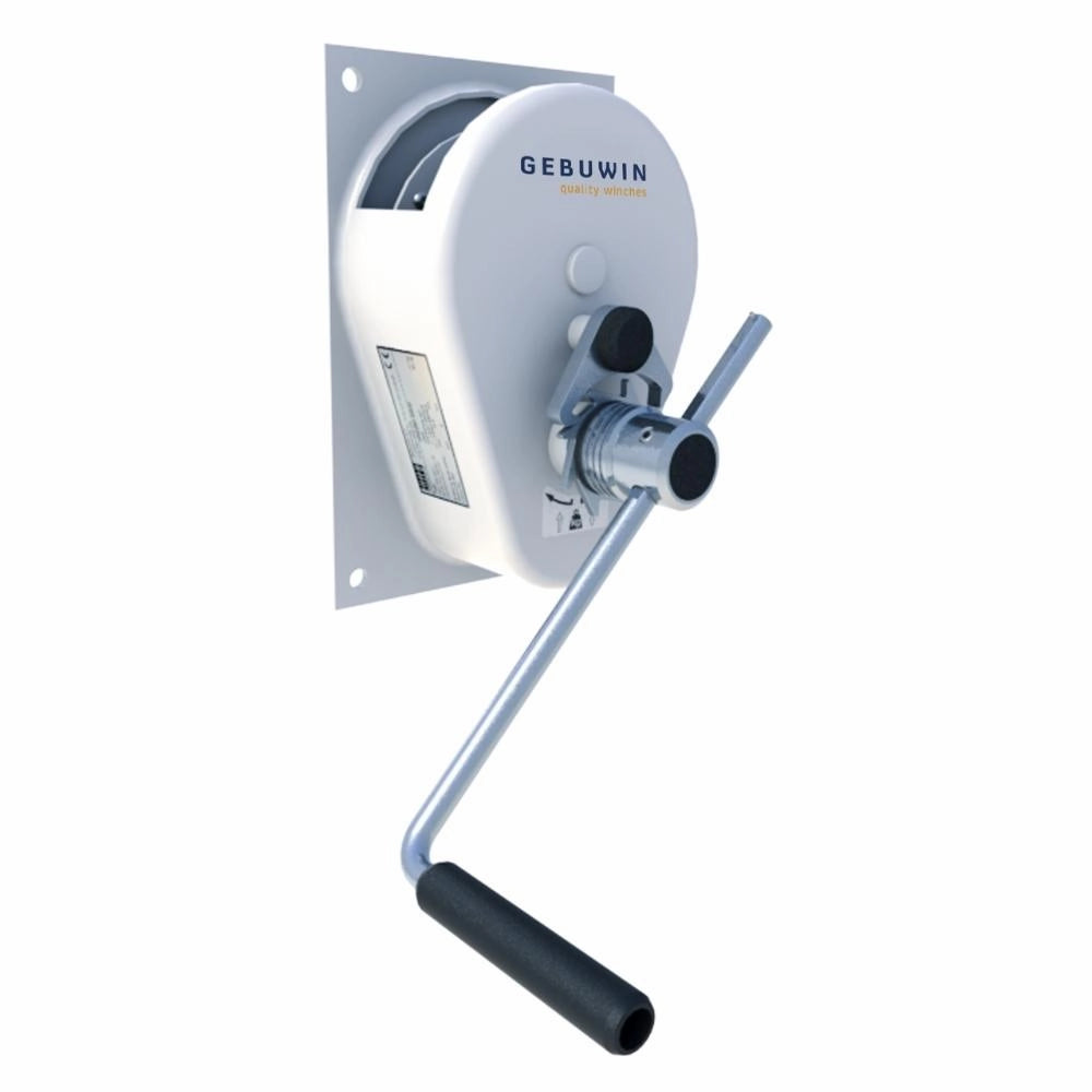 Vægmonteret hvid Gebuwin-spil med håndtag og synligt mærkelogo.