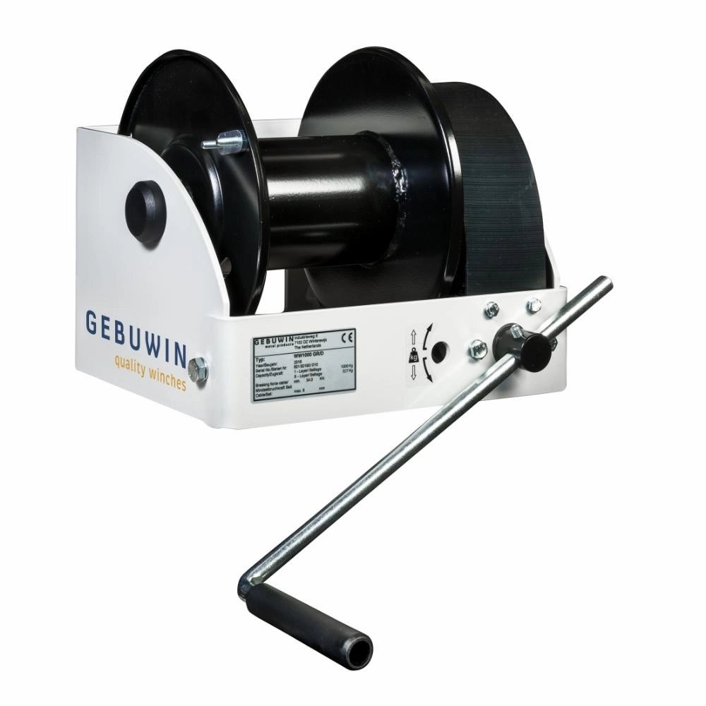 Gebuwin håndspil med metalhåndtag, hvid ramme, sort tromle, kapacitet 1000 kg.