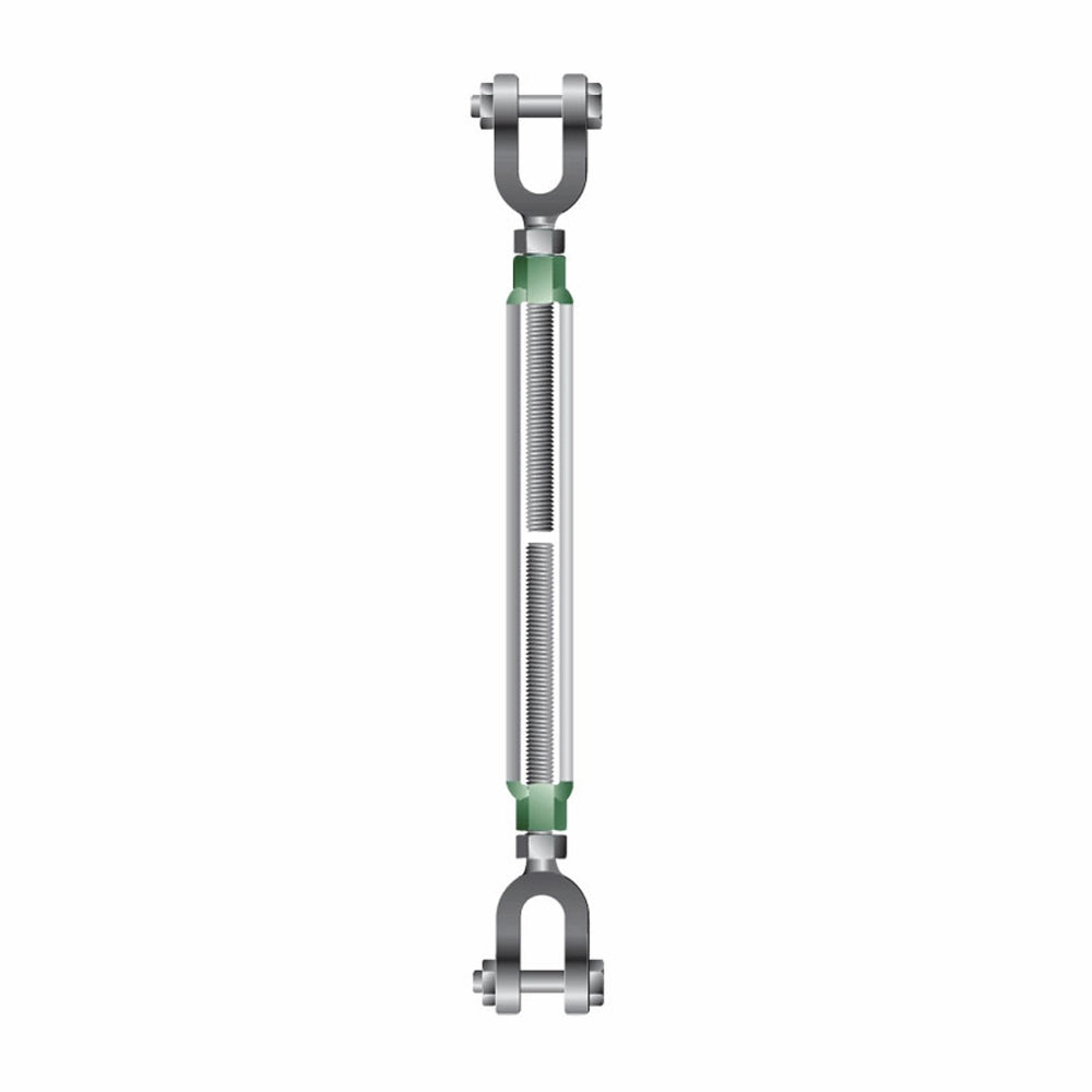 Turnbuckle med gevind i midten og grønne sektioner ved gaflerne, metalfinish.