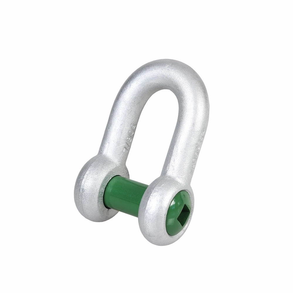 Sølvfarvet sjækel med glat, buet bøjle og grøn pin, der går igennem bøjlen.