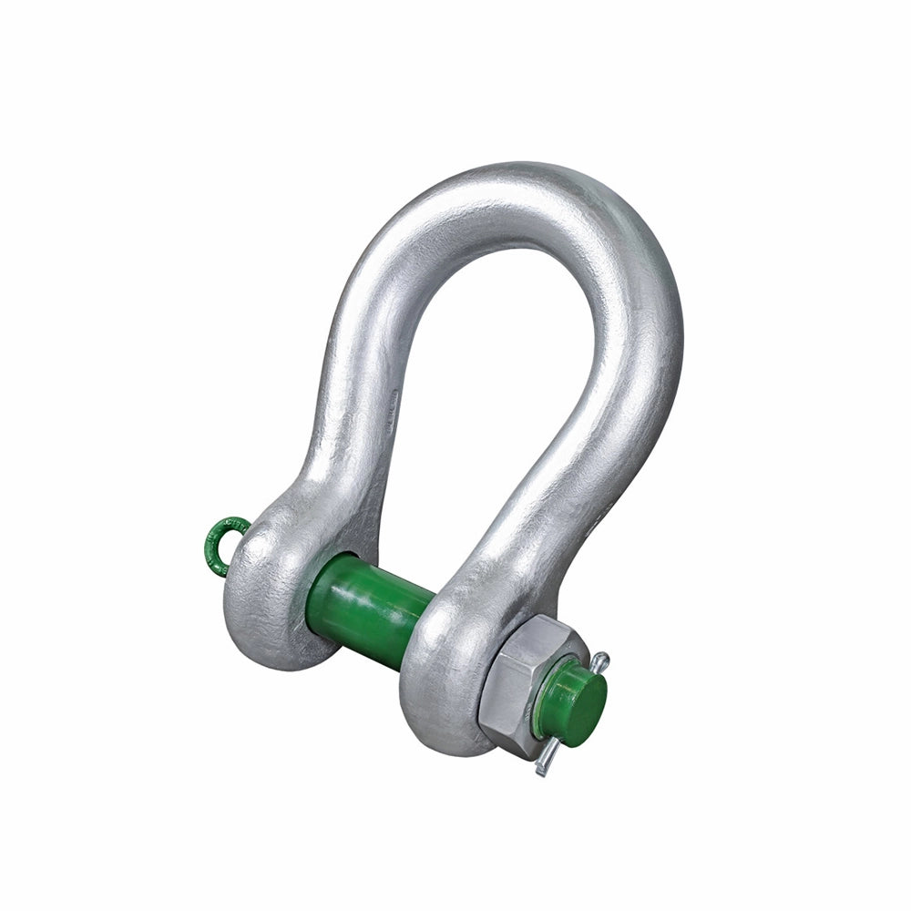 Robust sjækel med U-form, grøn pin, møtrik og split til sikring på højre side.