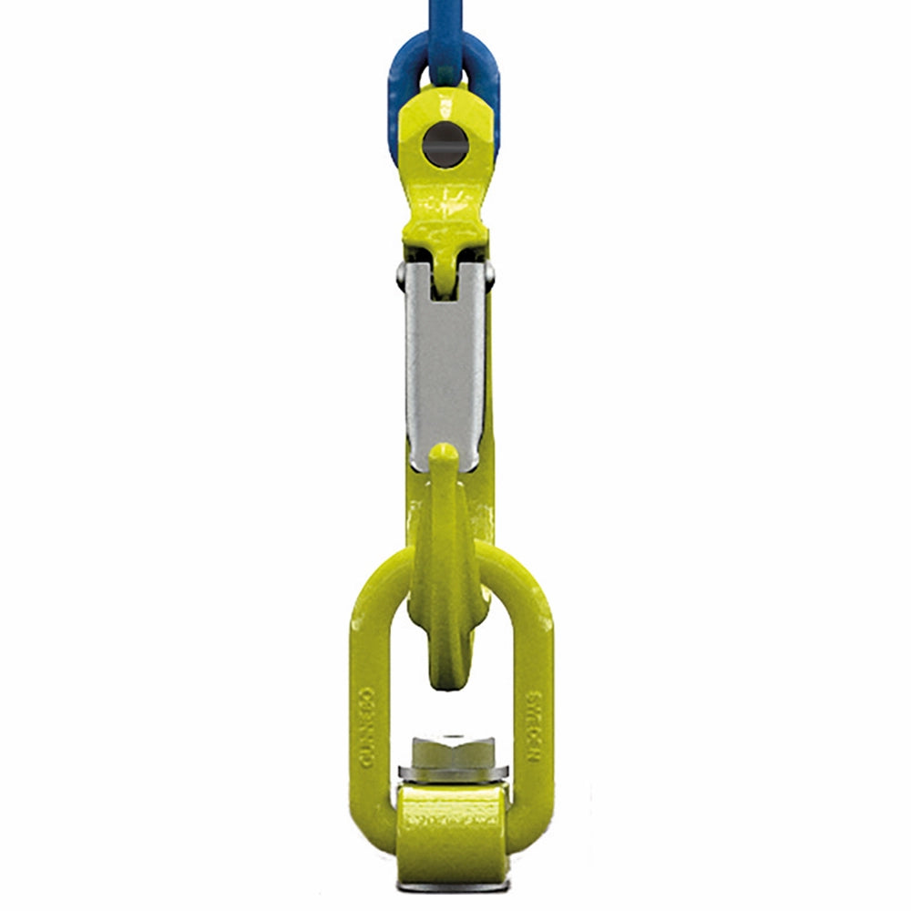 Gul svirveløjebolt med blå kædeforbindelse, robust design og roterbar mekanisme.