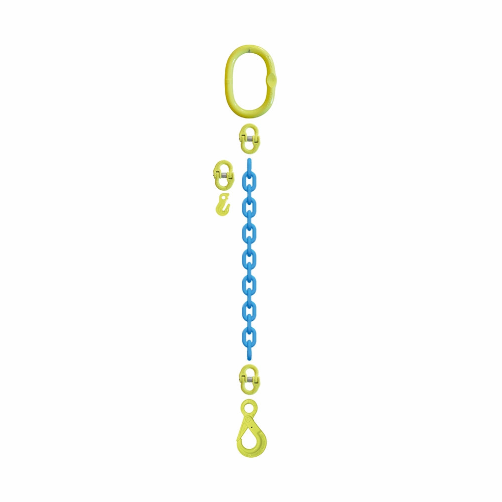 Blå kæde med gul oval ring øverst og krog nederst, kædedimension 13 mm.