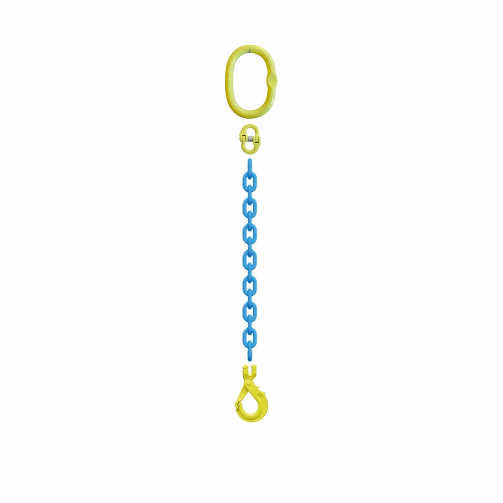 Kædesæt med gul top, blå kæde og gul krog. Kædedimension: 10 mm.