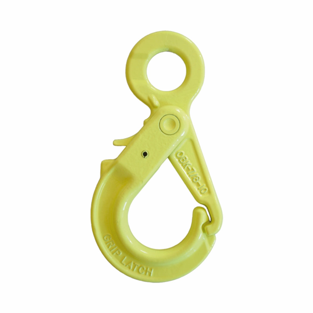 Gul sikkerhedskrog med modelnummer "OBK 18/20-10" og "GRIP LATCH" præget på krogen.