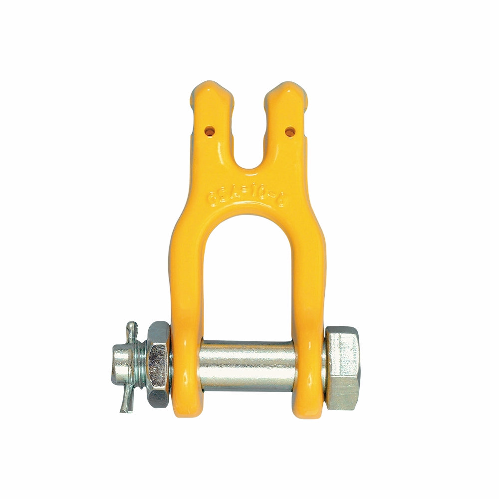 Gul Gunnebo Clevis Sjækel GSA 8-8 med clevis pin og to prongs med huller.