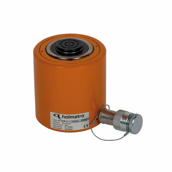 Orange cylindrisk hydraulisk donkraft, kapacitet 10T, model HJ 20/50 G 11, slangeforbindelse synlig.