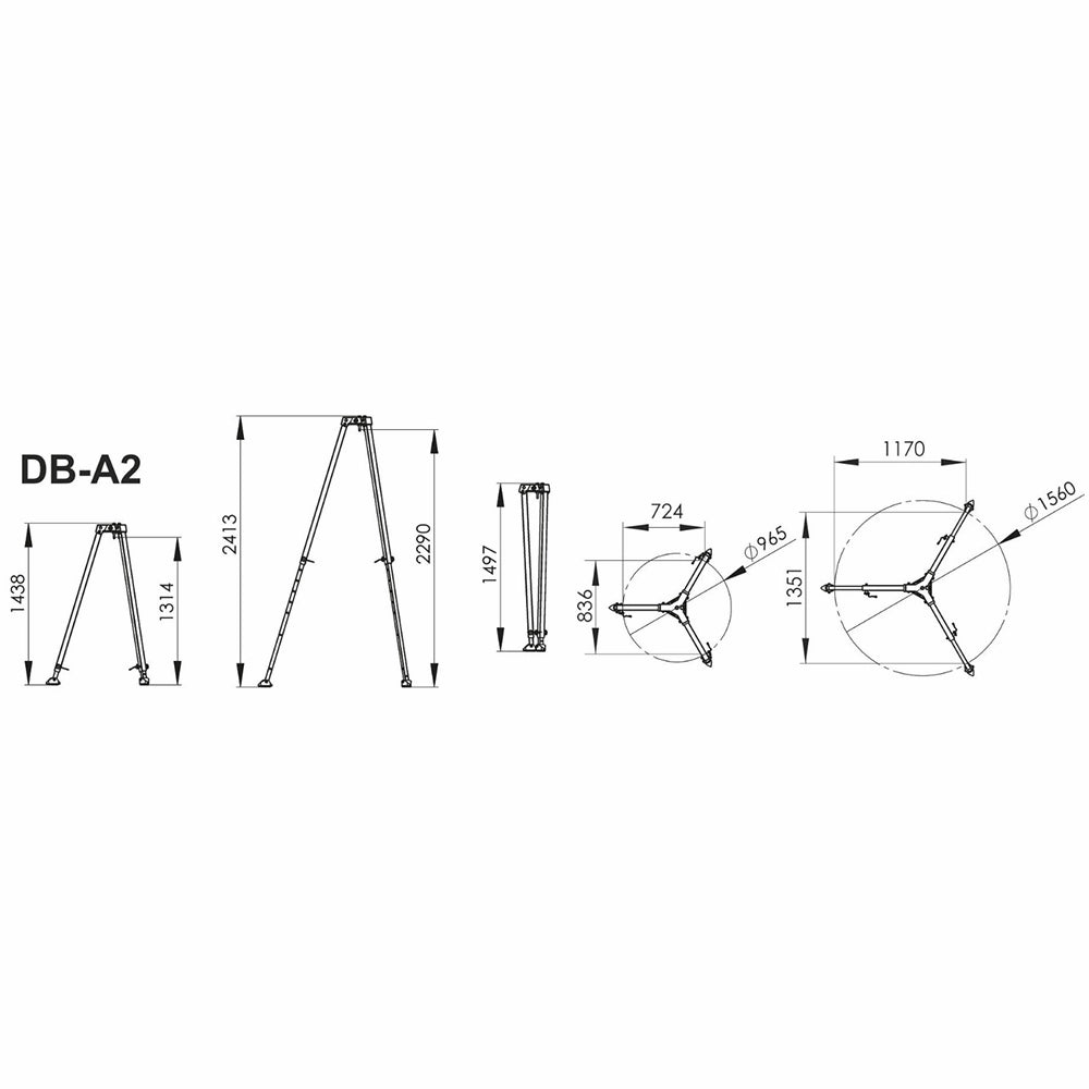 Teknisk tegning af trebenet struktur med mål: 2413 mm højde, 1170 mm bredde, 1560 mm diameter.