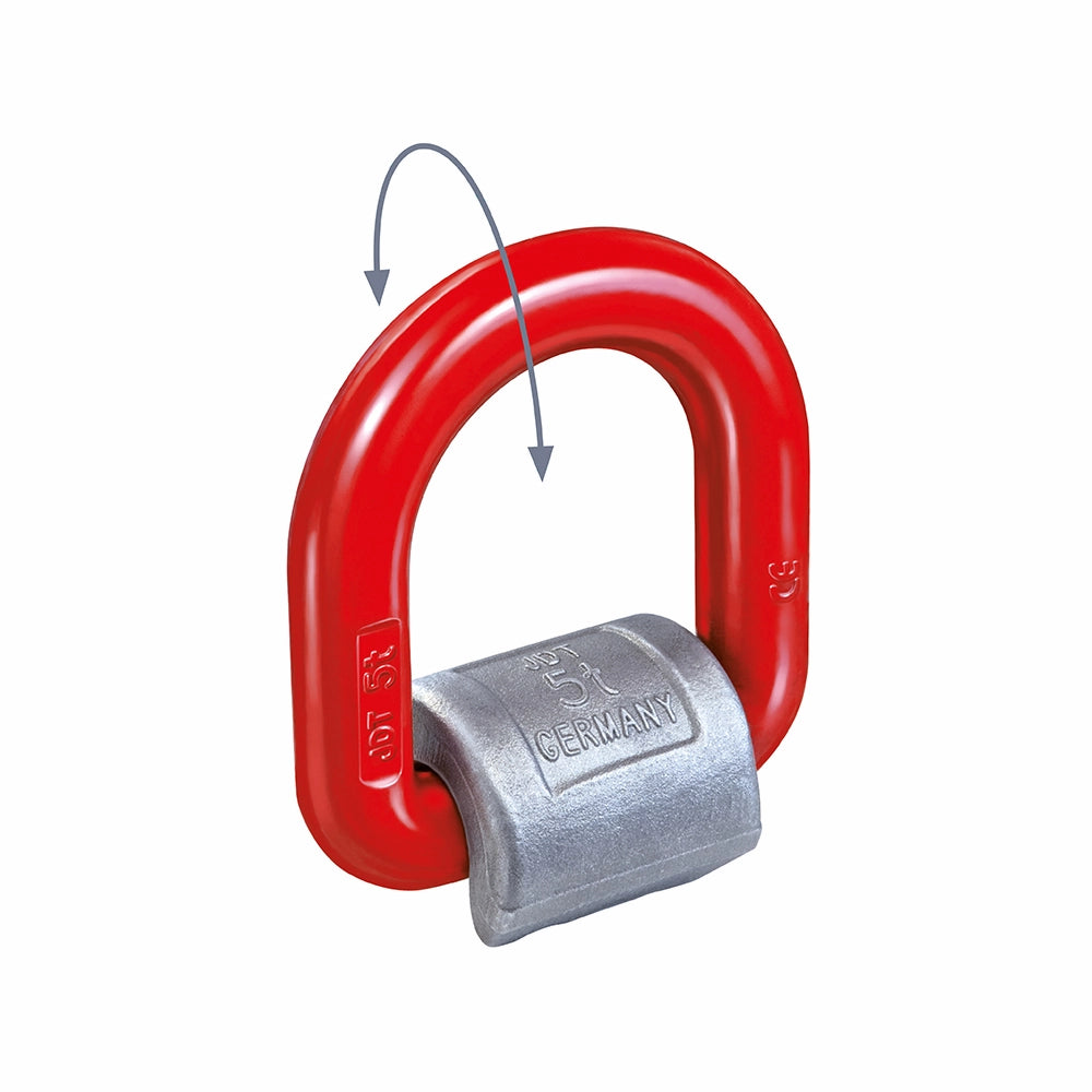 Rød D-ring løftebeslag med metalbase, kapacitet 5 ton, oprindelse "GERMANY" markeret.