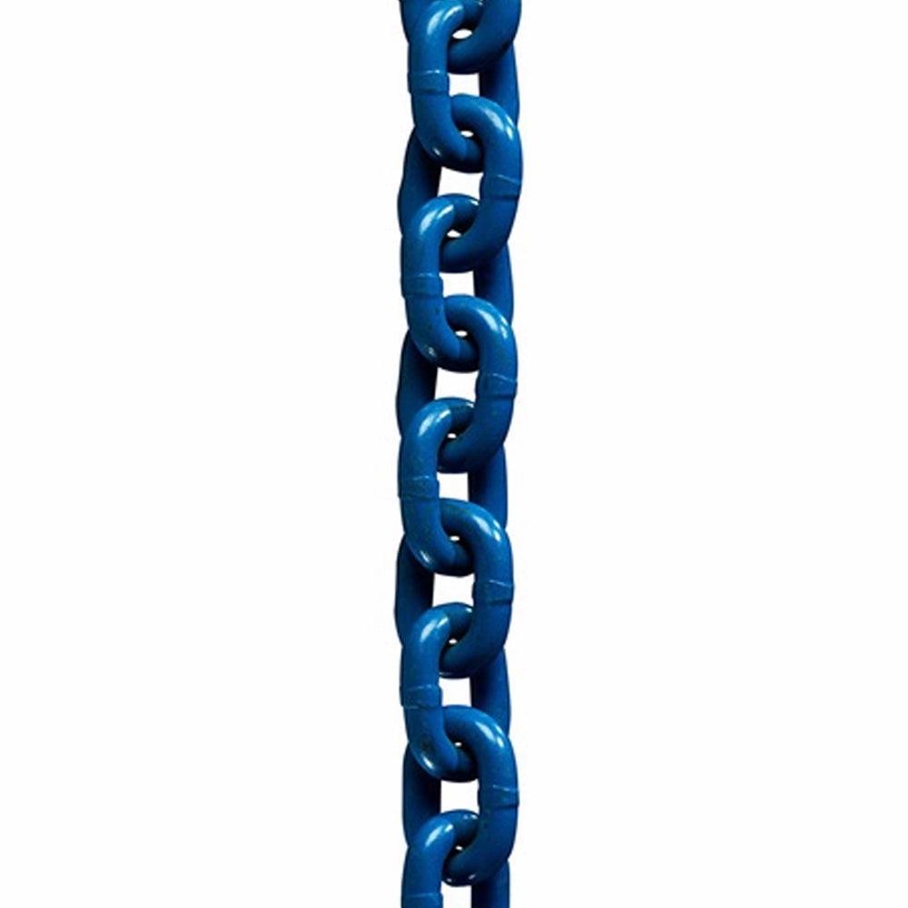 Blå kæde med ensartede led, hænger lodret.