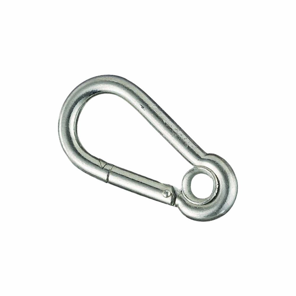 Rustfri karabinhage med oval form, fjederlåsemekanisme og øje i enden. Glat, metallisk overflade.