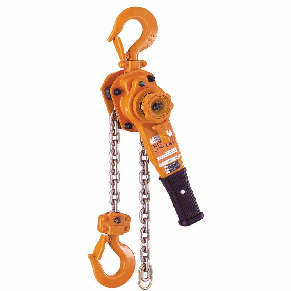 Orange KITO Skraldetalje LB5 med krog, kæde og gearmekanismer, kapacitet 6300 kg, længde 3,0 m.