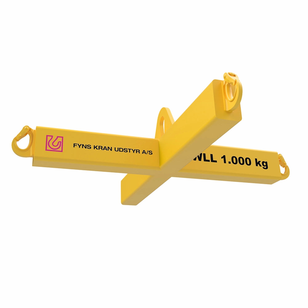 Gul løfteramme med teksten "WLL 1.000 kg" og "FYNS KRAN UDSTYR A/S".