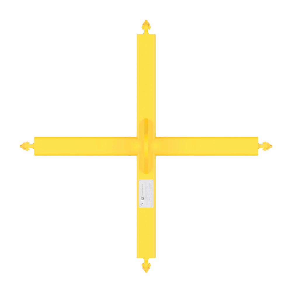 Gul løfteramme med fire arme i kryds og kroge for enden. Etiket viser "WLL 1.000 kg".