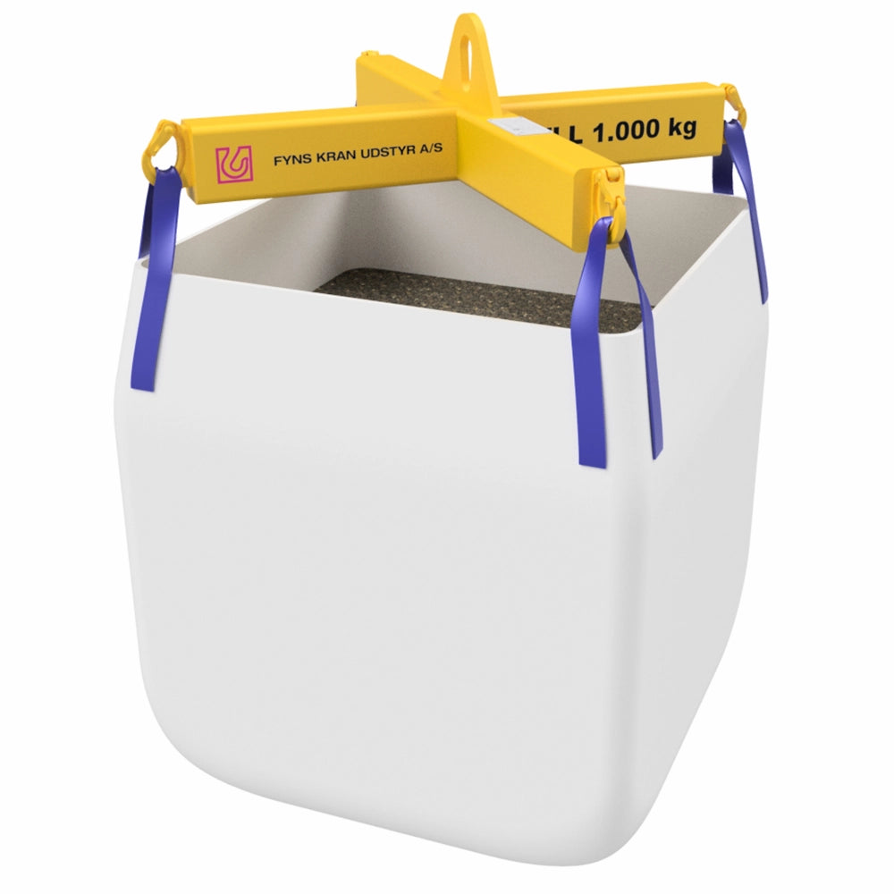 Stor hvid sæk med gul løfteramme, tekst "WLL 1.000 kg", blå stropper fastgjort.