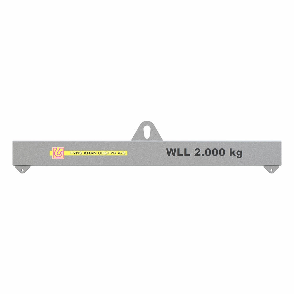 Løfteåg med central løfteøje, to enderøjer, "WLL 2.000 kg" og firmanavn på siden.