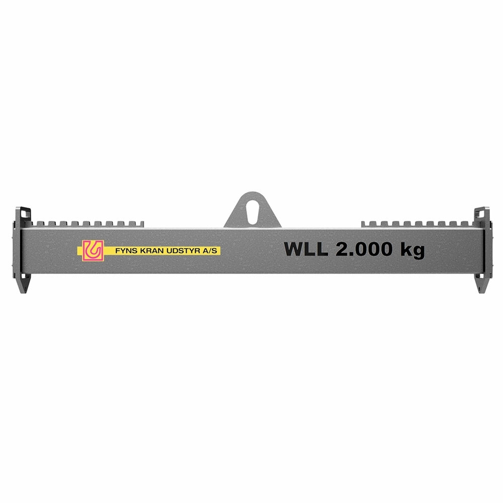 Rektangulært løfteåg med "FYNS KRAN UDSTYR A/S", bæreevne 2.000 kg, central løfteløkke.