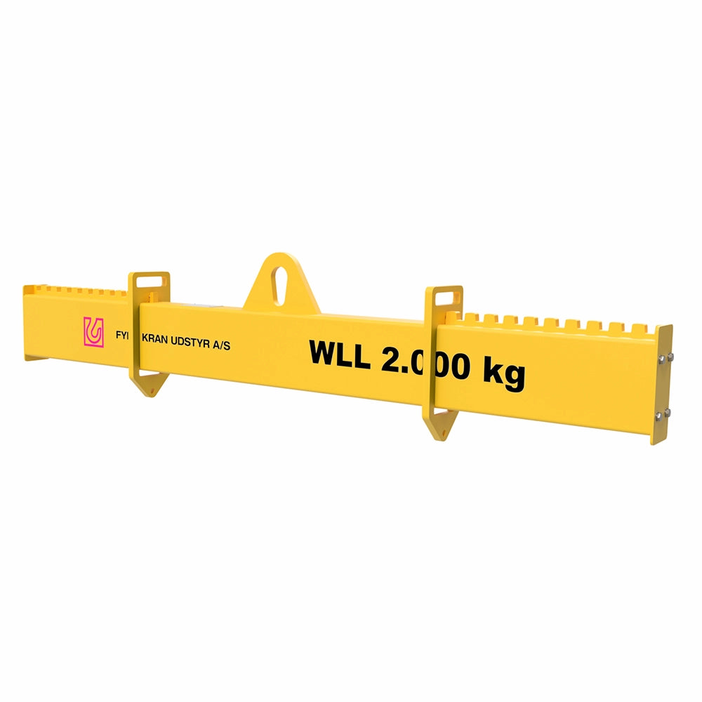 Gult løfteåg med centralt øje, tekst "WLL 2.000 kg", og firmanavn "FYI KRAN UDSTYR A/S".