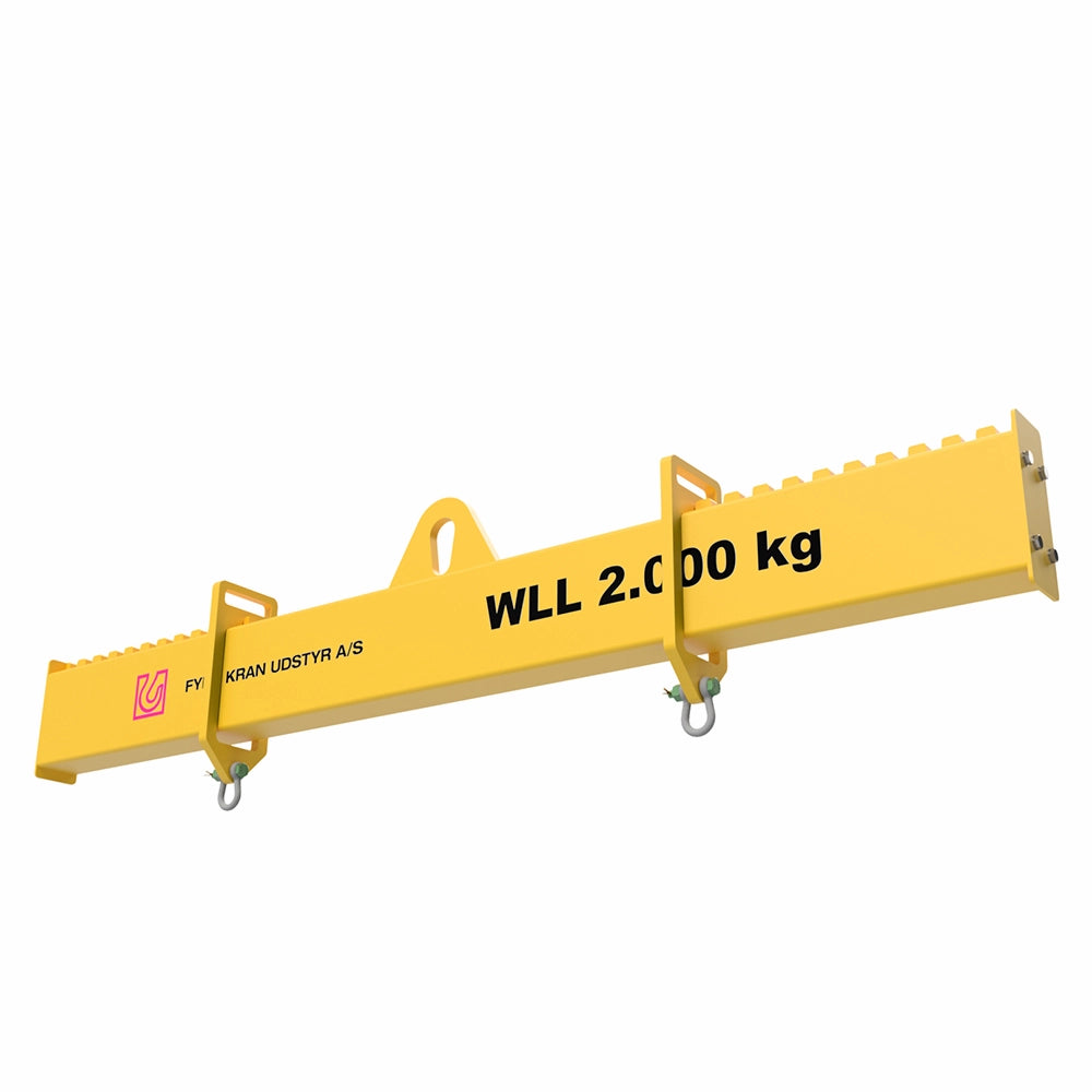 Gult løfteåg med central løfteøje, tekst "WLL 2.000 kg", og logo Fyns Kran Udstyr A/S.