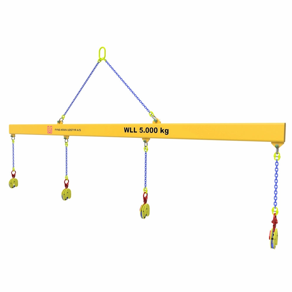 Gul løfteåg med "WLL 5.000 kg", fire kæder med kroge, og blå løftekæde på toppen.