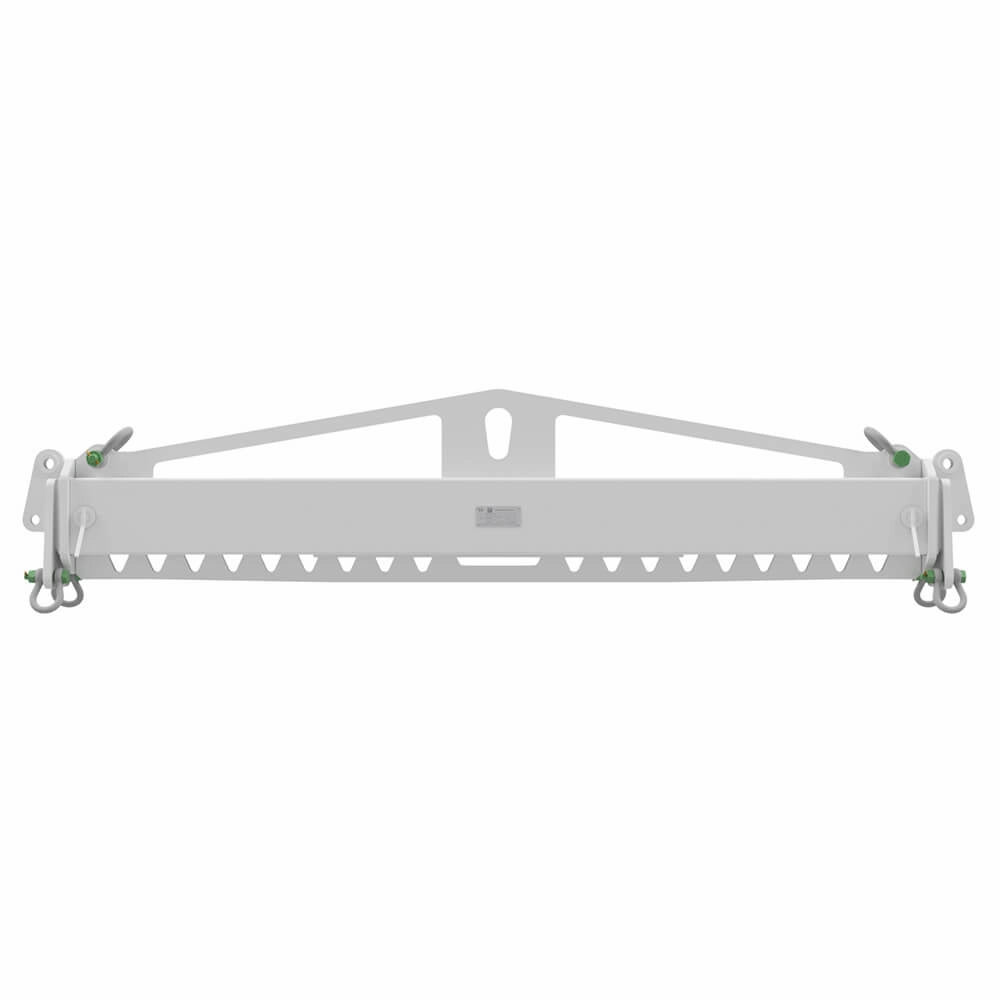 Hvidt metal løfteåg med kroge og grønne detaljer, designet til tung løft.