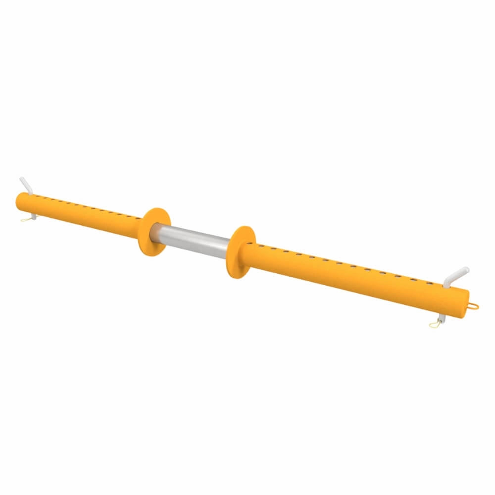 Sølvfarvet cylinder med perforerede gule ender.