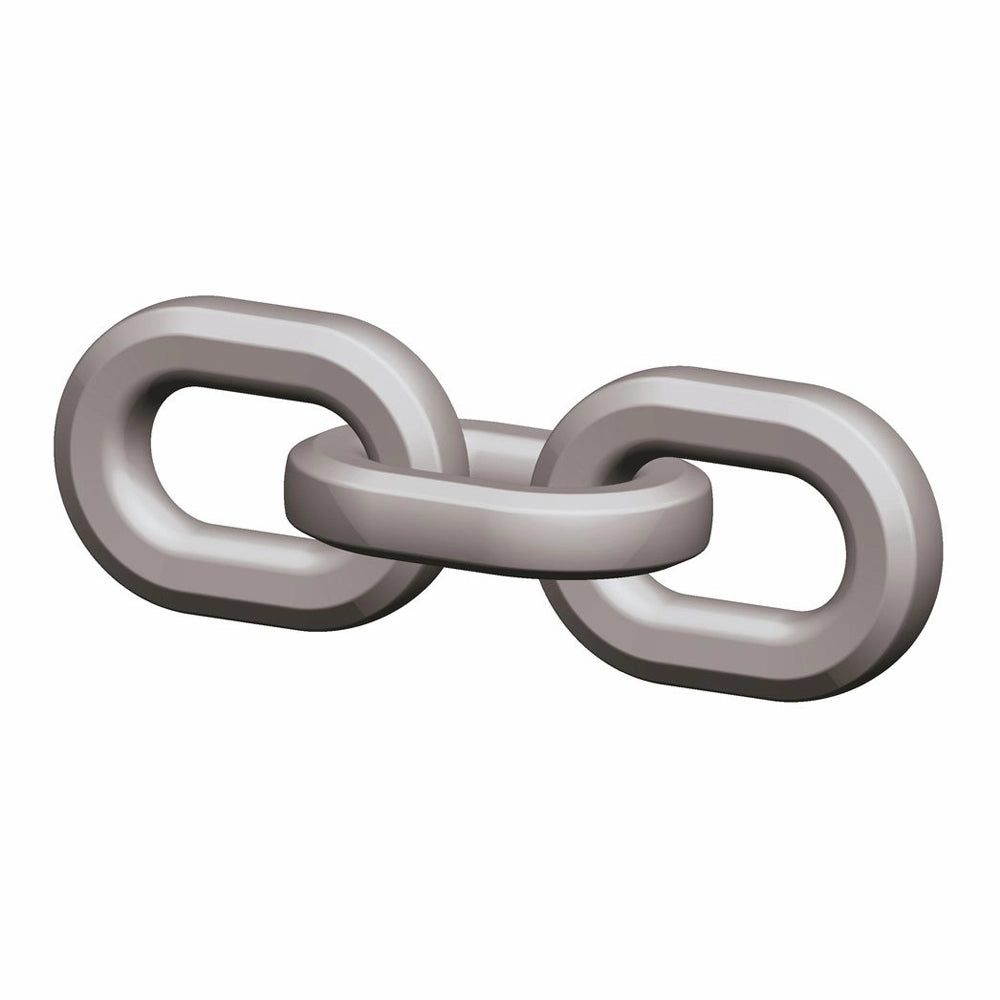 To sammenkoblede, ovale kædeled med glat, metallisk overflade.