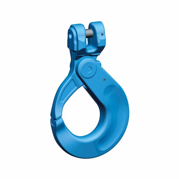 Blå clevis sikkerhedskrog med sikkerhedslås og clevis pin til tilkobling af komponenter.
