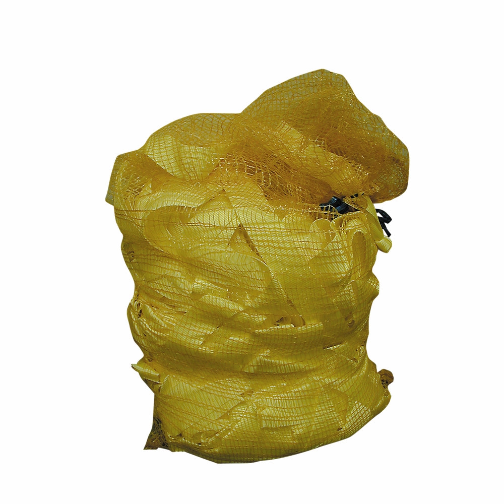 Stor gul netpose med gult båndmateriale, der kan ses gennem maskerne i posen.