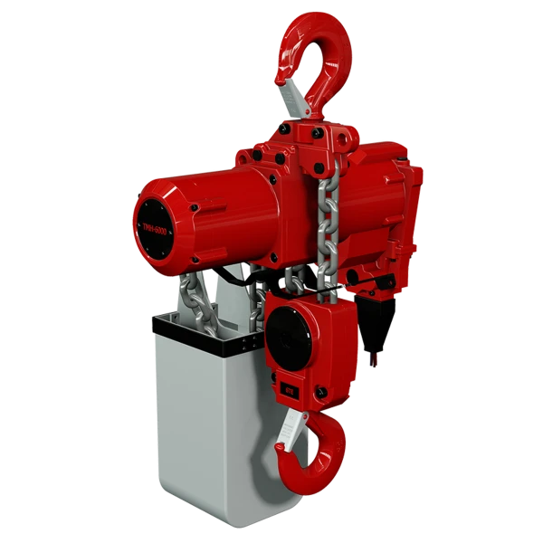 Rød lufttalje med "TMH-6000", kæde og to kroge, en øverst og en nederst.