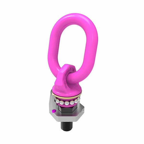 Svirveløjebolt med pink ring, metallisk sekskantet base og synlig gevindbolt.