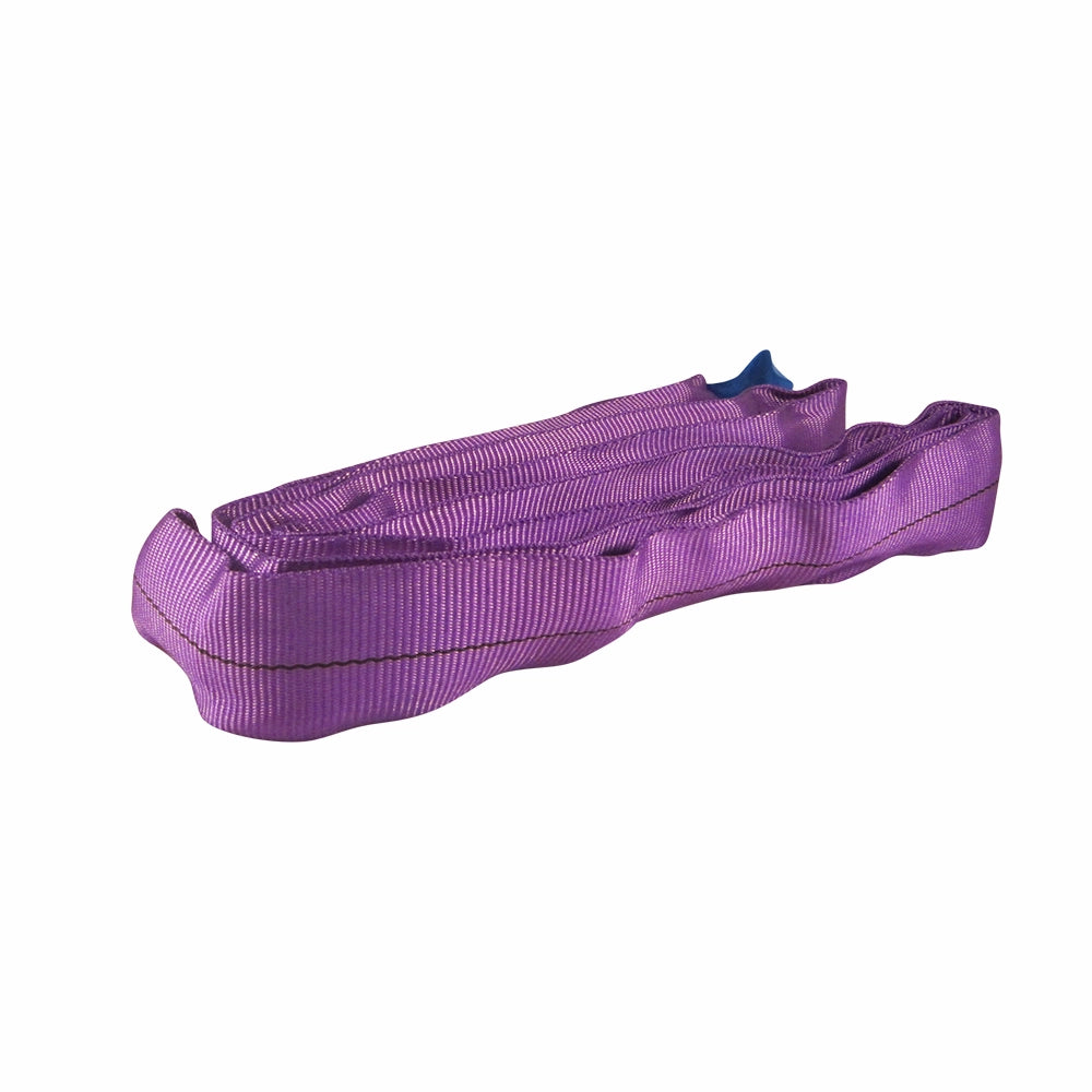 Violet, sømløs rundslynge med blå etiket, ligger sammenrullet.