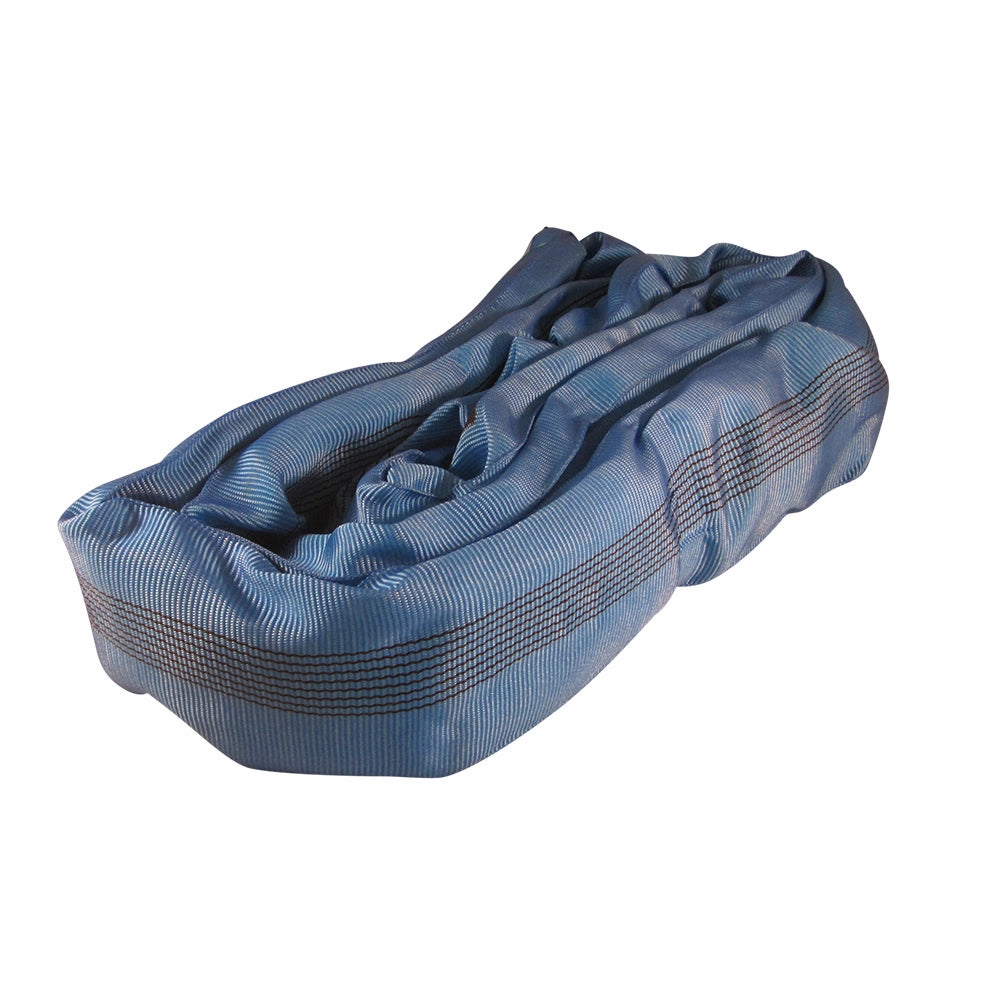 Blå rundsling i vævet materiale, sorte linjer og tekst synlige. Kapacitet 8000 kg.