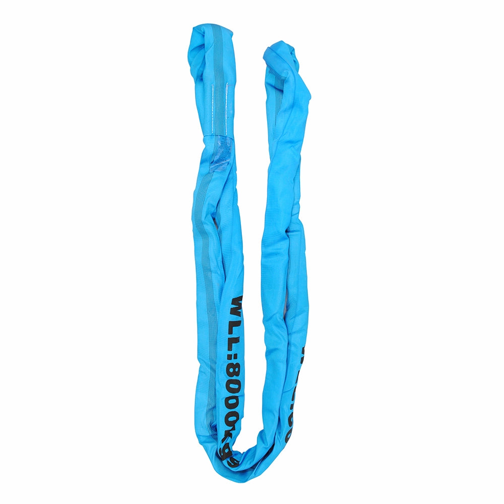 Blå rundsling med teksten "WLL: 8000 KG" på hvid baggrund, lavet af vævet materiale.